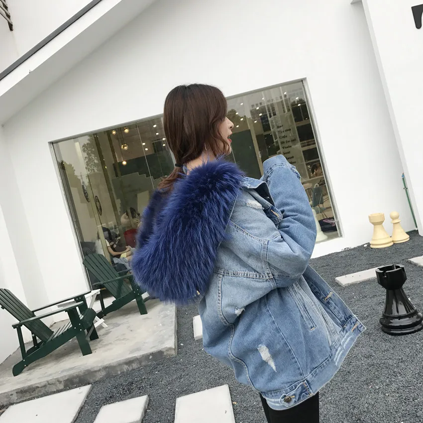 Женская одежда, Корейская джинсовая парка, зимняя куртка, пальто с натуральным мехом енота, воротник из настоящего толстого теплого лисьего меха, верхняя одежда
