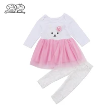 Emmaaby/милые платья принцессы+ штаны, комплект одежды из 2 предметов, кружевное платье-пачка с кроликом для новорожденных девочек длинные штаны, От 0 до 3 лет