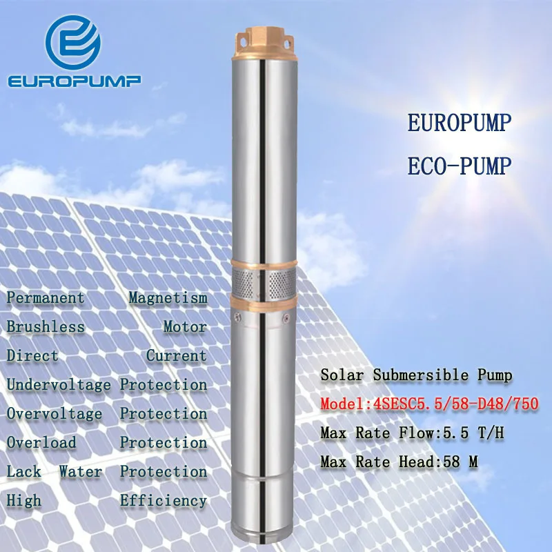 

EUROPUMP MODEL(4SESC5.5/58-D48/750) High Flow Rate DC Brushless Solar Water Pump 48V 5.5m3/h Submersible Pump/PV Fountain Pump