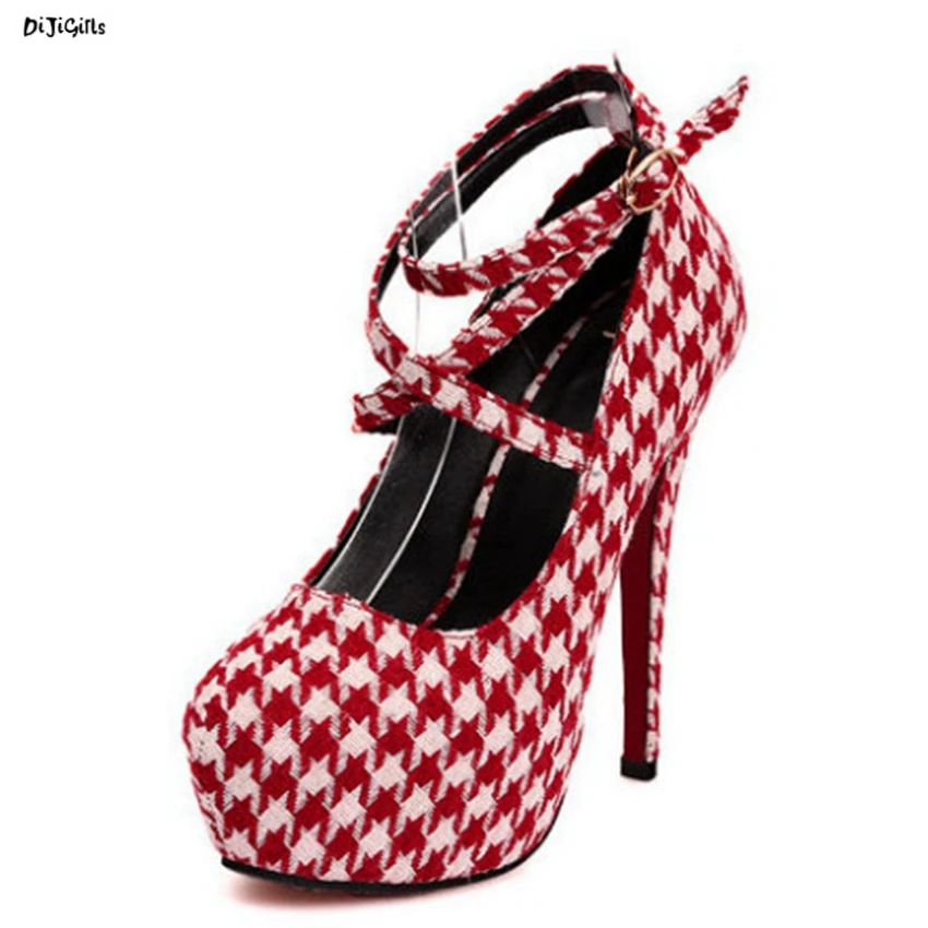 Frauen Mode Hahnentritt Knöchelriemen Plattform Party Schuhe Frauen Mode Hahnentritt Knöchelriemen Plattform Party Schuhe