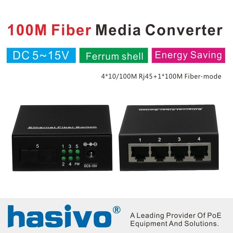 10/100 м Быстрый Ethernet-коммутатор Ethernet волоконно-оптический медиа конвертер одиночный режим 4* RJ45 UTP и 1* SC волокно Порты и разъёмы