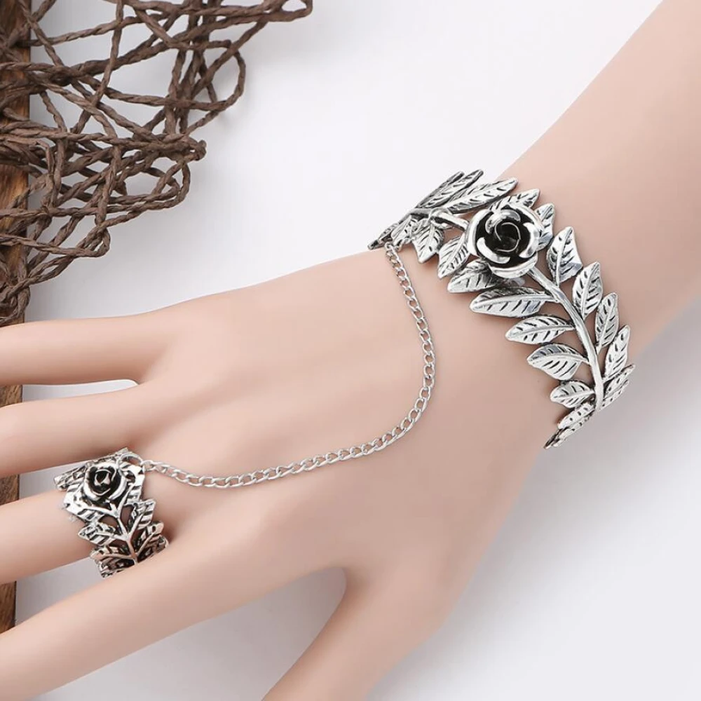 

R0035-Set Trendy style vintage Silver hand chain Leaf Hand attached ring Jewelry