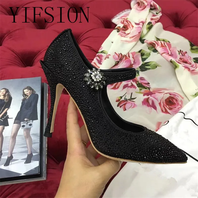 

OLOME New Spring Summer Blingbling Crystal Surface Women Pumps Sexy Pointed Toe Buckle Strap Thin High Heel Pumps Shoes Woman