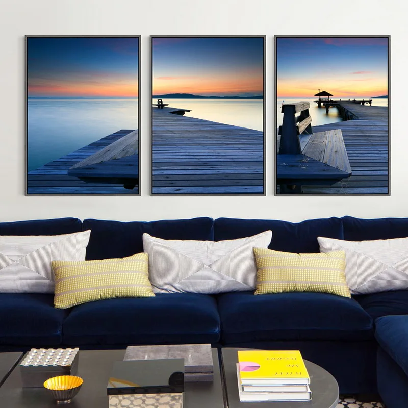 No Frame Original Oil Ink 3 Panels Canvas Print Pier Seascape Home