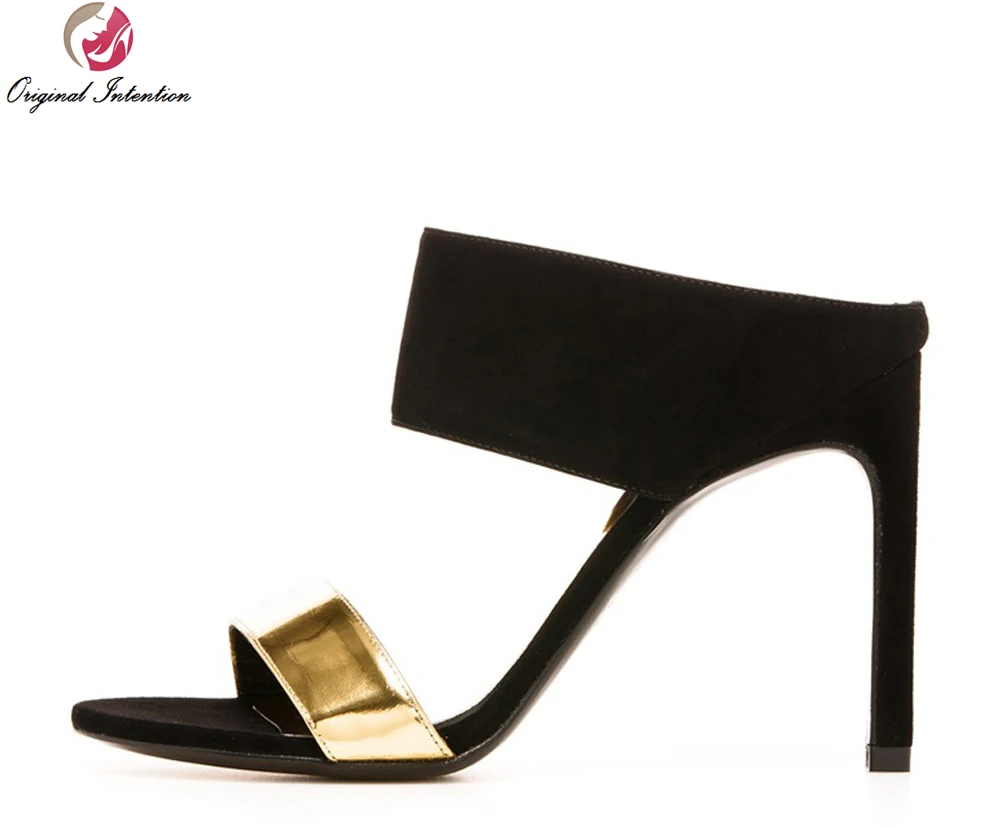 

Original Intention Plus US Size 4-15 Women Sandals Concise Thin Heels Sandals High-quality Nubuck Leather Black Shoes Woman