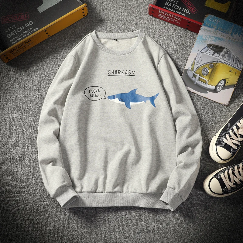 

Neck sweater men's autumn and winter plus cashmere Korean students loose leisure Japanese cartoon shark youth tide card pullover