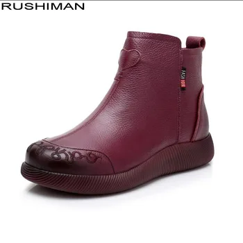 

RUSHIMAN Winter Women Flat Boot Genuine Leather Ankle Shoes Vintage Casual Shoes hand-embroidered Women Boots