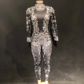 

Gold Silver Rhinestones Jumpsuit Long Sleeves Stretch Sexy Bodysuit Stage Performance Party Celebrate Nightlcub Festival Outfit