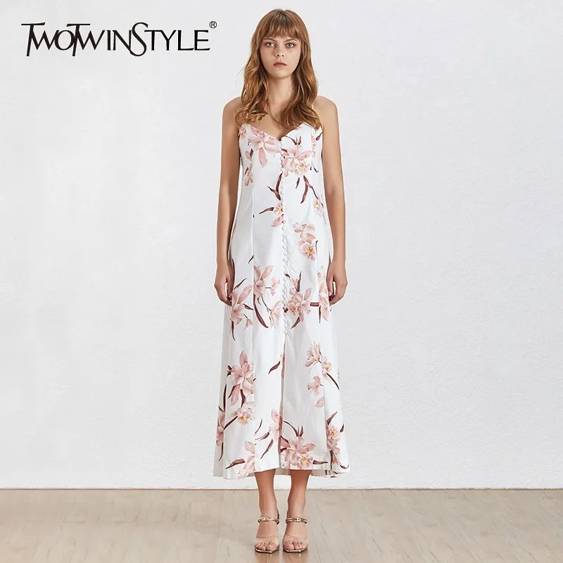 

TWOTWINSTYLE Sexy A Line Print Dress Female V Neck Sleeveless Off Shoulder Backless Split Ankle-length Dresses Women Fashion New