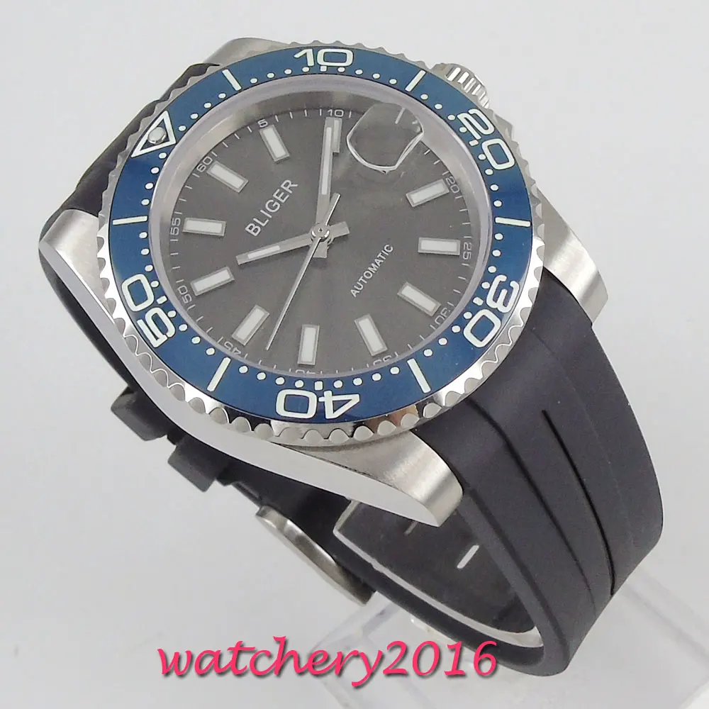 

40mm Bliger Grey Dial Sapphire Glass Romantic Sweet Date window Sapphire Glass Ceramic Bezel Automatic Movement men's Watch