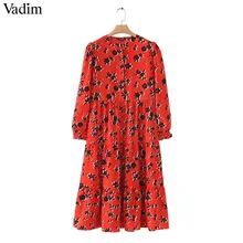 Vadim mujeres estampado floral media pantorrilla camisa Vestido de manga larga cuello redondo plisado femenino casual retro midi vestidos mujer QB295(China)