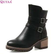 QUTAA/ женские ботильоны зимние ботинки из искусственной кожи с круглым носком на высоком квадратном каблуке женские мотоциклетные ботинки на платформе Большие размеры 34-43