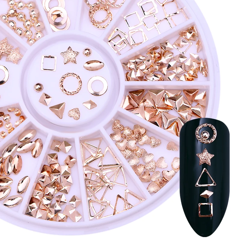 

1 Box Rose Gold Rivet Alloy Nail Studs Geometry Star Round 3D Nail Art Decoration in Wheel