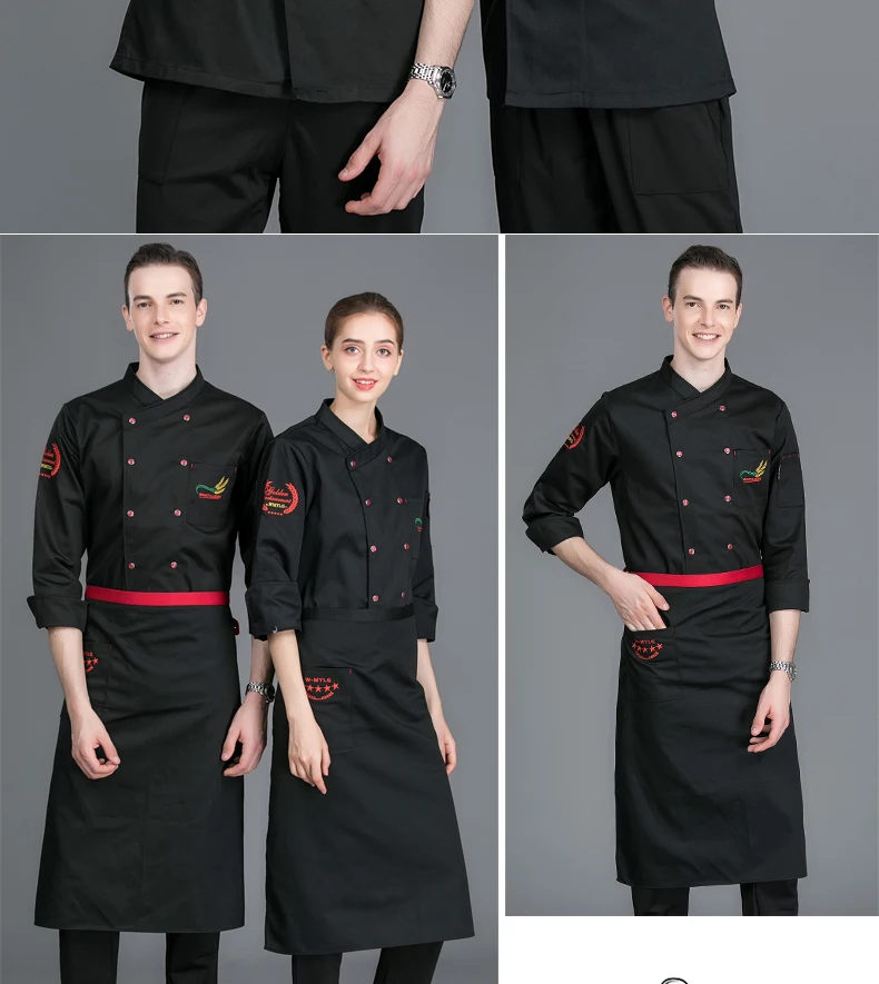 Для мужчин Для женщин с длинным рукавом двубортный вышивка шеф-повар Пособия по кулинарии спецодежды кухонная форма Ресторан Cozinha одежда