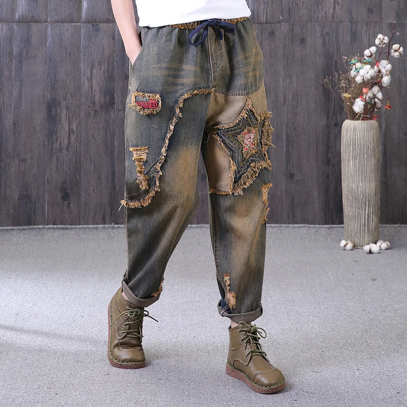 EWQ-New-Summer-spring-2018-fashion-tide-loose-pockets-lace-up-elastic-waist-stars-patch (2) - 