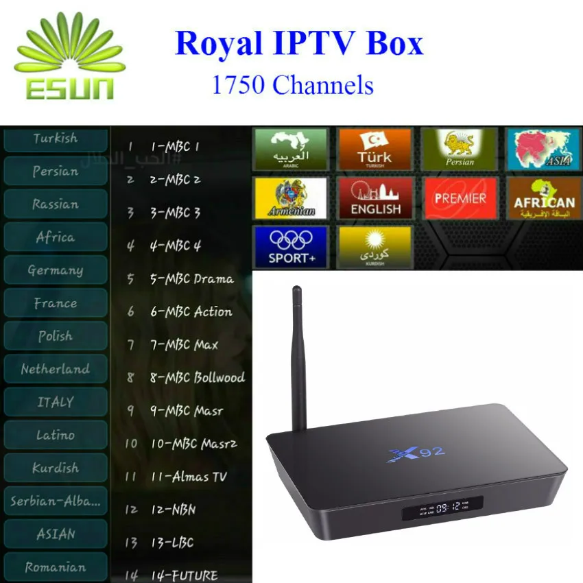 Arabic IPTV Box X92 Android 4K H.265 Smart TV Box 1850 Europe Swedish Albanian Persian Turkey Germany PayTV Royal IPTV Box