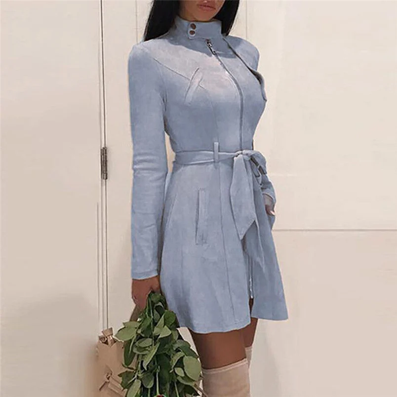 Women Coat 2018 New Hot Sale Fashion Casual Solid Turtleneck Zipper Bow Bandage Windbreaker Long Coat Outerwear Overcoat #O09 (6)