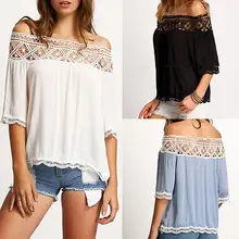 Women Sexy Summer Off Shoulder Loose shirt White Tops Lace Shirt Blouse Tee
