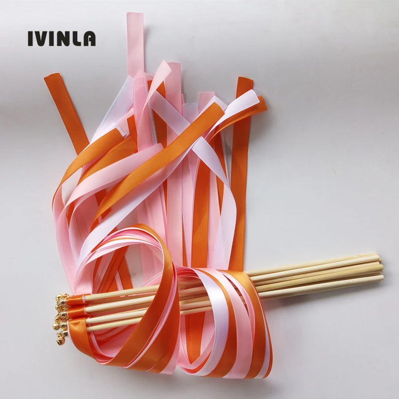 50 Pz/Lotto Rosa E Arancio Nastro Nozze Stick Con Campana D'Oro Per La Cerimonia Nuziale Del Partito