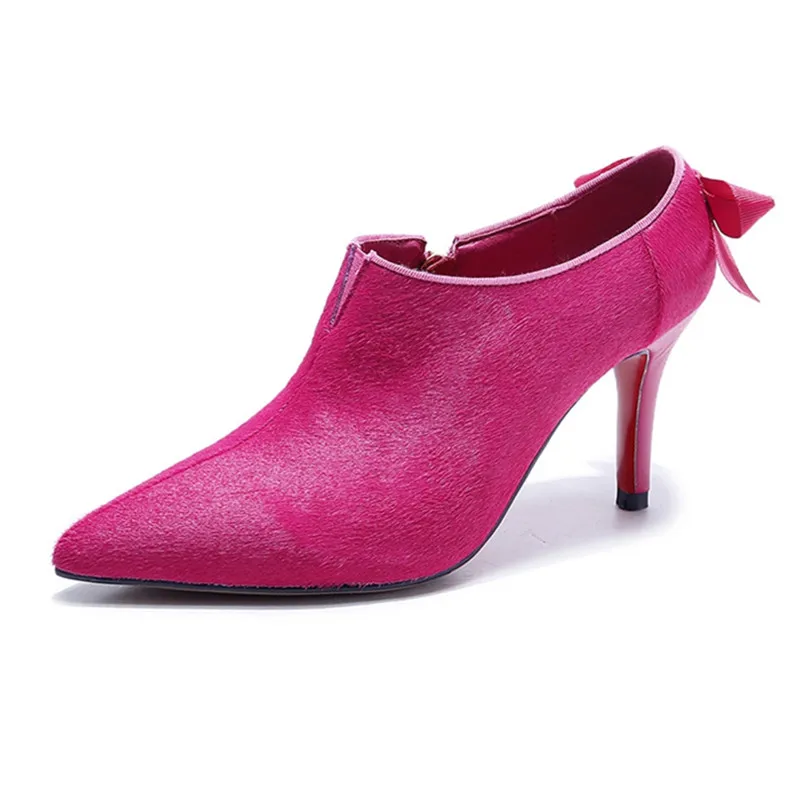 

New pointed horse hair bow women's shoes leopard high heels Fashion horse hair shoes heels obuv Tacones Mujer