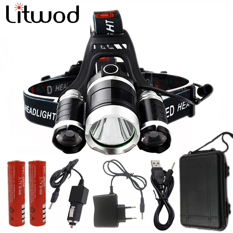 

9000lm led headlamp XML 3*t6 rechargeable head flashlight 4 modes switch adjustment Lamp with charger battery and toolbox Z202
