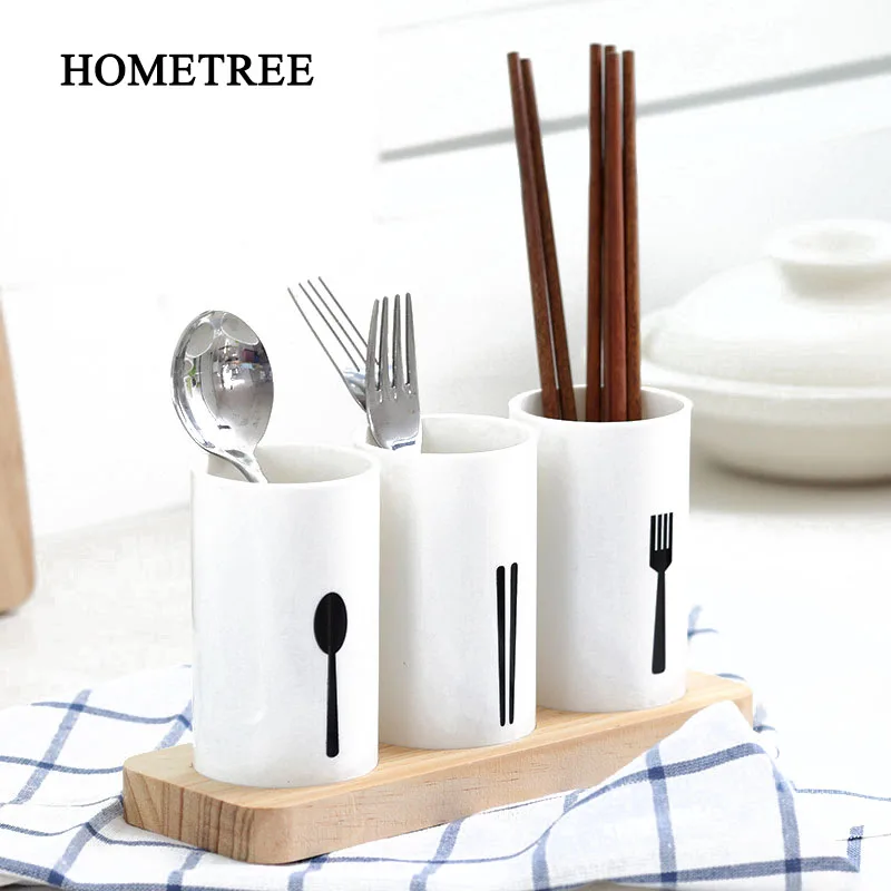 

HOMETREE 1Set Tableware Chopsticks Tube Oak Base Chopsticks Tube Spoon Fork Drainage Storage Box Kitchen Storage Organizer H668