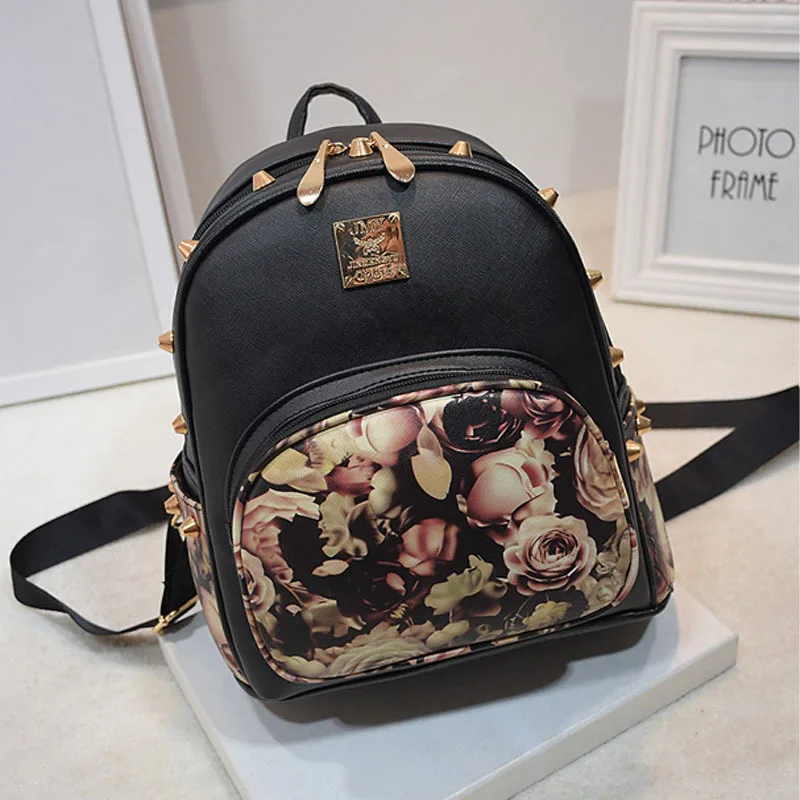 Fashion printing backpacks New women mini bags rivet rose cute leather