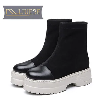 

MLJUESE 2018 women ankle boots Cow leather Rome style strange heel winter short plush platform boots women Chelsea boots