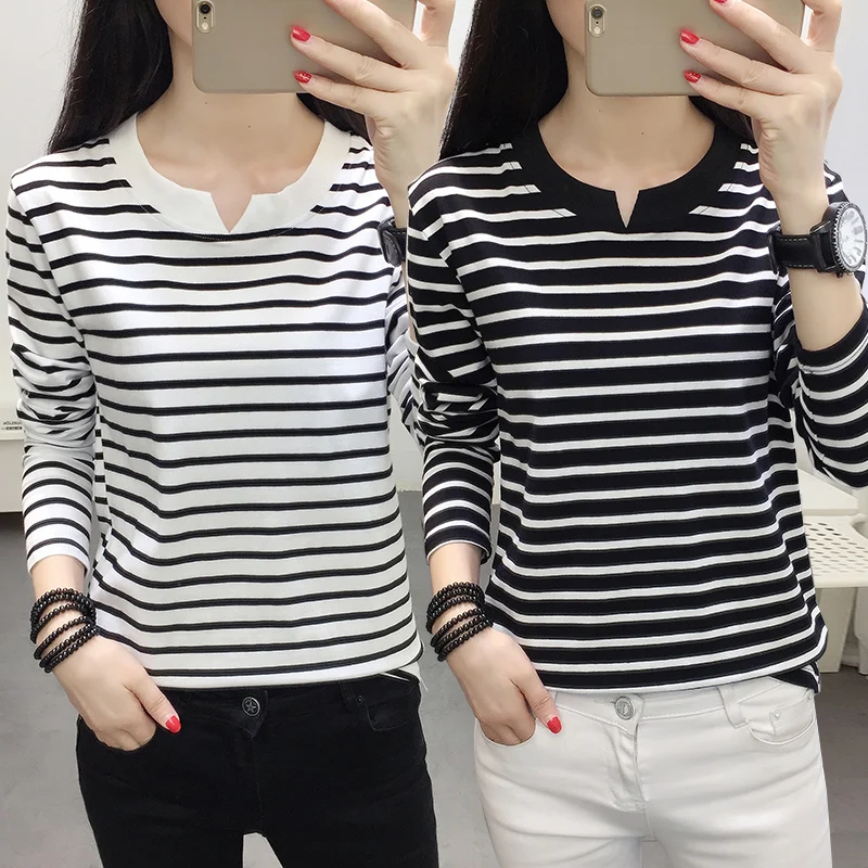 

Oversized Autumn Women's T-shirt 2018 Korean New stripe V Neck Tops Plus Size 4XL 5XL Casual Female Long sleeve Cotton Shirt