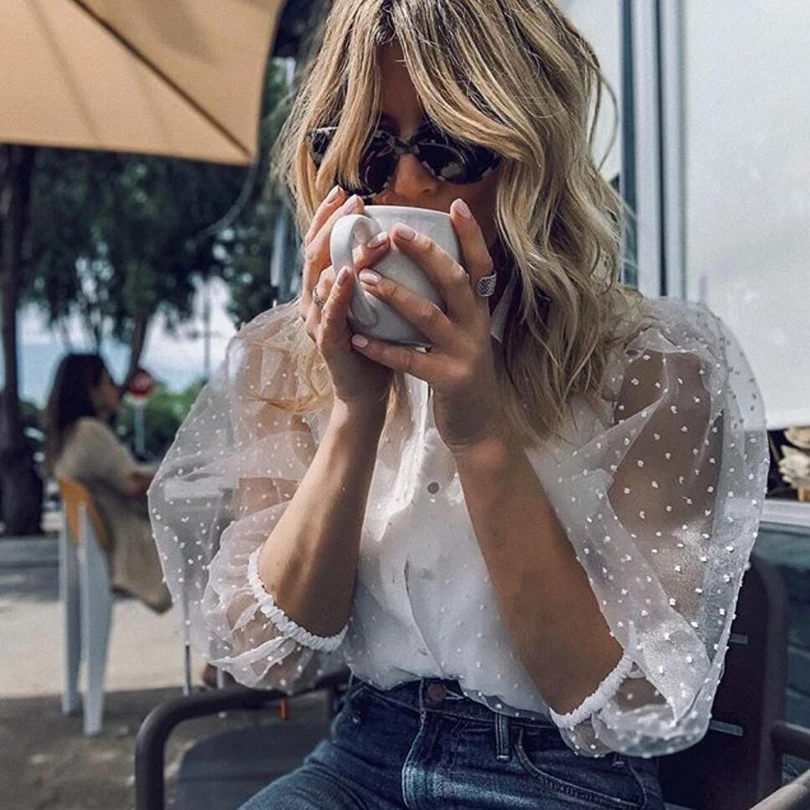 

Embroidery Patchwork Women Casual Lantern Sleeve Tops Sexy Lace Mesh Shirt Chiffon Blouse Ladies Loose Tops Shirts Female Blusas