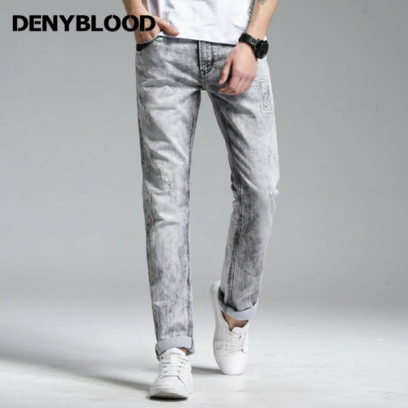Denyblood Jeans Mens Stretch Knitted Denim Slim Straight Jeans Bleach ...