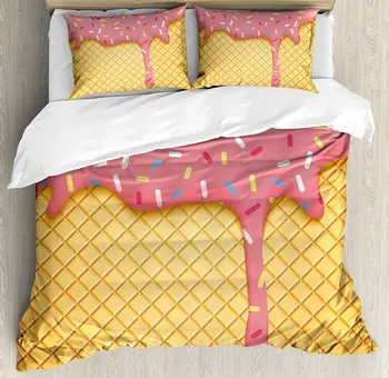 

Ice Cream Decor Duvet Cover Set Waffle Pattern with Cherry Flavor on Yummy Summer Dessert Cute Image 4 Piece Bedding Set