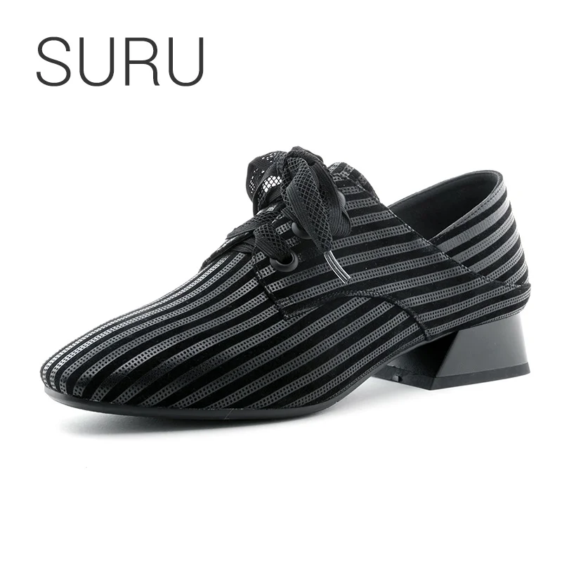 

SURU Ladies Leather Pumps Women Stripe Details Lace Up Flare Heels Shoes Dress High Heeled Shoes Black size 34-39 custom 42