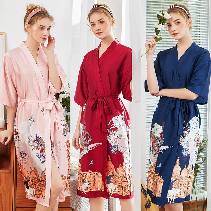 

New Simulation Silk Pajamas Ladies Summer Bridesmaid Red Bride Morning Gown Home Robe Woman Cloak Print Bathrobe Pink Badjas