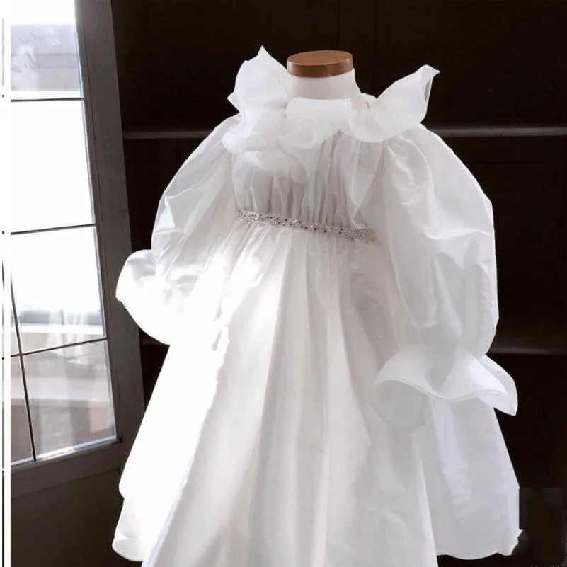 Белое платье для маленьких девочек; сезон весна-лето; Новинка; милое платье с оборками и длинными рукавами для детей; модное платье с бисером; ws459