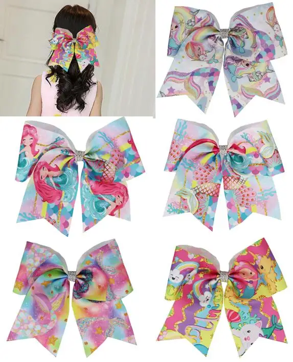 

NEW print Ribbon 7.5"mermaid scale Cheer Bow Ponytail Holder Hair Bows Cheerleading With Elastic Bands HairBow for Girls 20PCS/