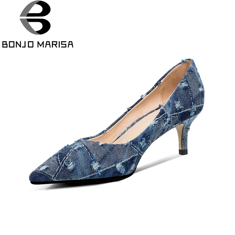

BONJOMARISA Brand New Spring Denim Pointed Toe High Heels Women Shoes Slip On Office Ladies Shoes Pumps