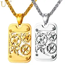 U7 Brand Steampunk Gear Rotatable Pendant & Necklace Statement Black Stainless Steel Gold Plated Chain For Men Kpop Jewelry P929