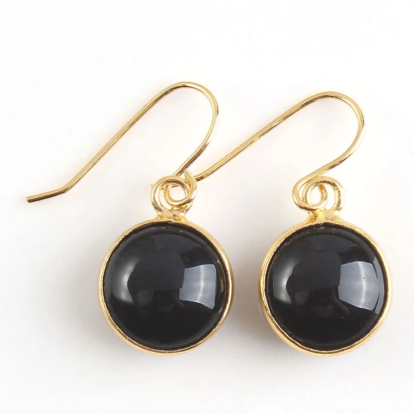 

FYJS Unique Jewelry Light Yellow Gold Color Round Cabochon Black Agates Dangle Earrings