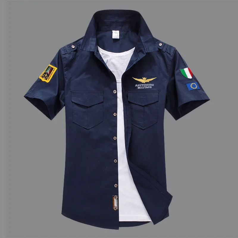 Новинка, 6XL, военные мужские рубашки с коротким рукавом, летняя мода, вышитые, высокое качество, хлопок, Air Force One MA1, Повседневная рубашка AE12002 - Цвет: Синий