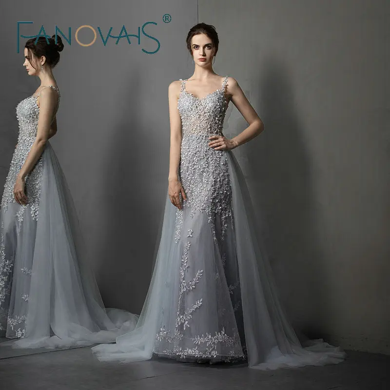 

Gray Evening Dresses With Detachable Train Prom Dress vestidos de fiesta de noche Robe de Soiree 2019 abendkleider
