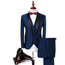 Free shipping Three Pieces Navy Male Suits Men Wedding Suits Shawl Lapel One Button Groomsman Tuxedos