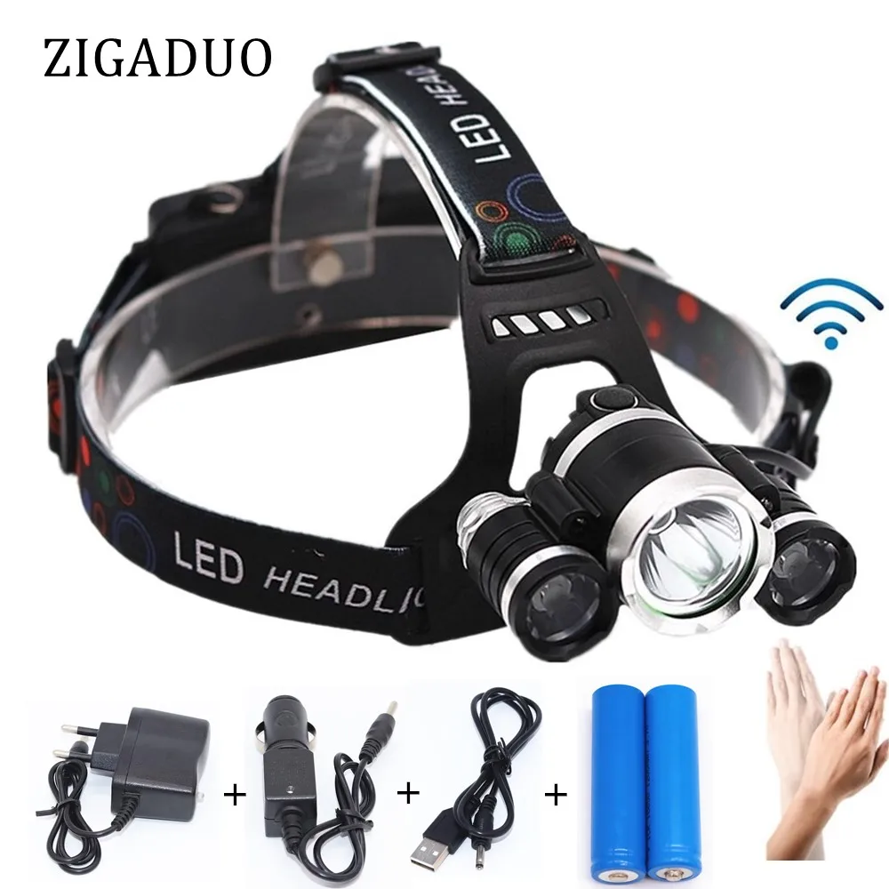 

XML T6 Led Head Lamp Light 13000LM Rechargeable Headlight Waterproof Head Torch Flashlight Fishing Hunting Light Sensor Headlamp