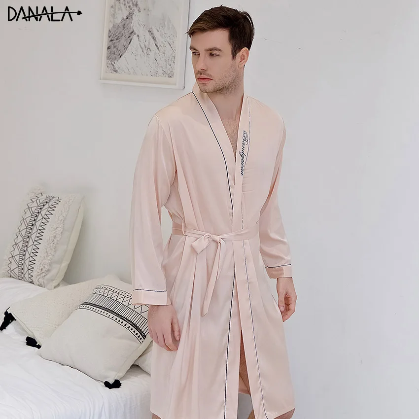 DANALA Шелковый Атласный мужской халат для сна однотонный освежающий Vogue простой длинный мужской ночной халат домашняя одежда для мужчин синего цвета - Цвет: Robe-GD2