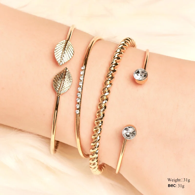 

SHUANGR 4pcs/set Vintage Metal Leaf Opening Bracelets For Women Girl Bohemian Adjustable Bracelet Bangle Set Statement Jewelry