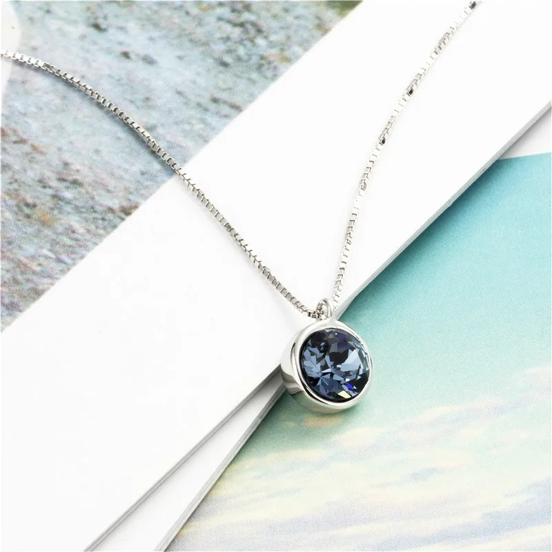 

Flyleaf 925 Sterling Silver Round Blue Crystal Necklace Women Fashion Fine Jewelry Simple Wedding Necklaces & Pendants Party