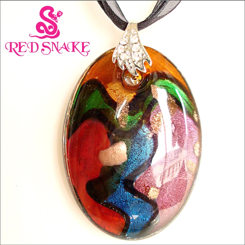 

RED SNAKE Murano Glass Necklace abstract Dancer design with brown and purple Ellipse Pendant