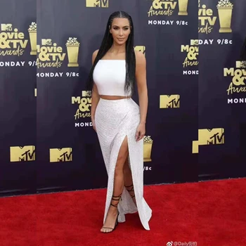 

2019 New Arrival White Two 2 Pieces Sequin Long Maxi Fashion Dress Bandage High Split Zipper Evening Celebrity Party Strapless