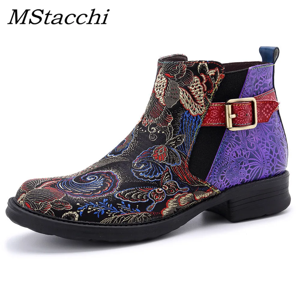 

MStacchi Bohemian Casual Vintage Genuine Leather Flat Women's Boots Purple Printed Platform Chelsea Booties Female Ankle Boots