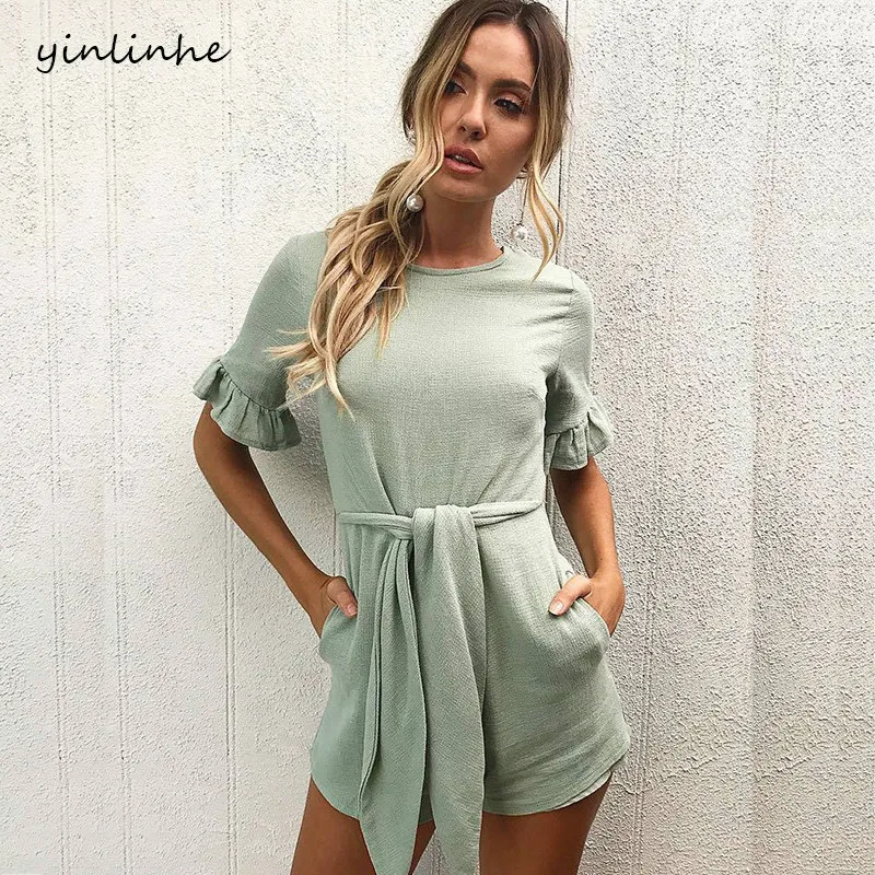 Blue Solid Elegant Women Playsuit Short Sleeve Bow Tied Summer Shorts Jumpsuit Women 2018 White Slim Clothes 2
